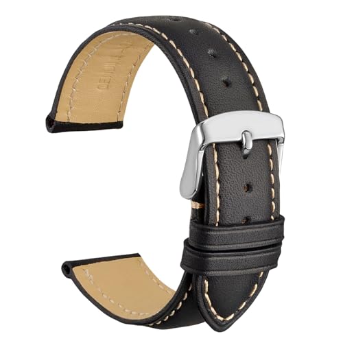 [WOCCI]時計ベルト22mm 時計替えベルト ヴィンテージ 腕時計バンド 本革(ブラック/コントラストステッチ)調整工具とバネ棒付